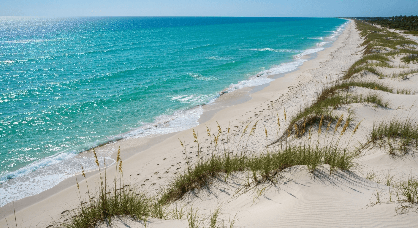 Sandy beach and turquoise Gulf water along the Fort Myers Beach Florida coastline