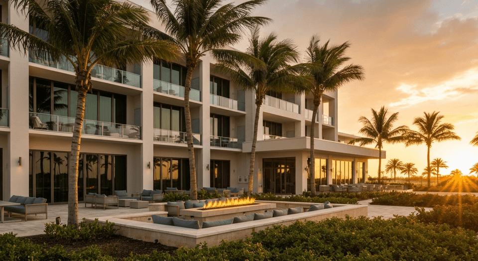 Hyatt House Naples 5th Avenue hotel exterior with fire pit lounge area