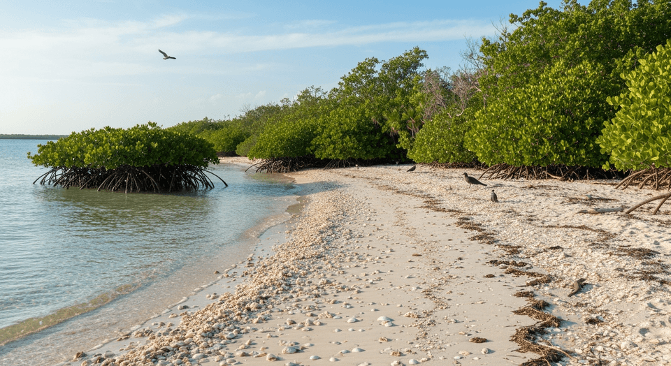 Lovers Key State Park beach with shells and mangroves across from Lovers Key Resort