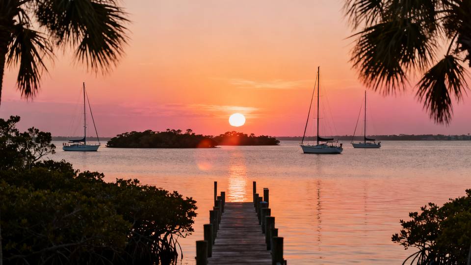 Sunset over Little Sarasota Bay with mangroves and palms framing the horizon