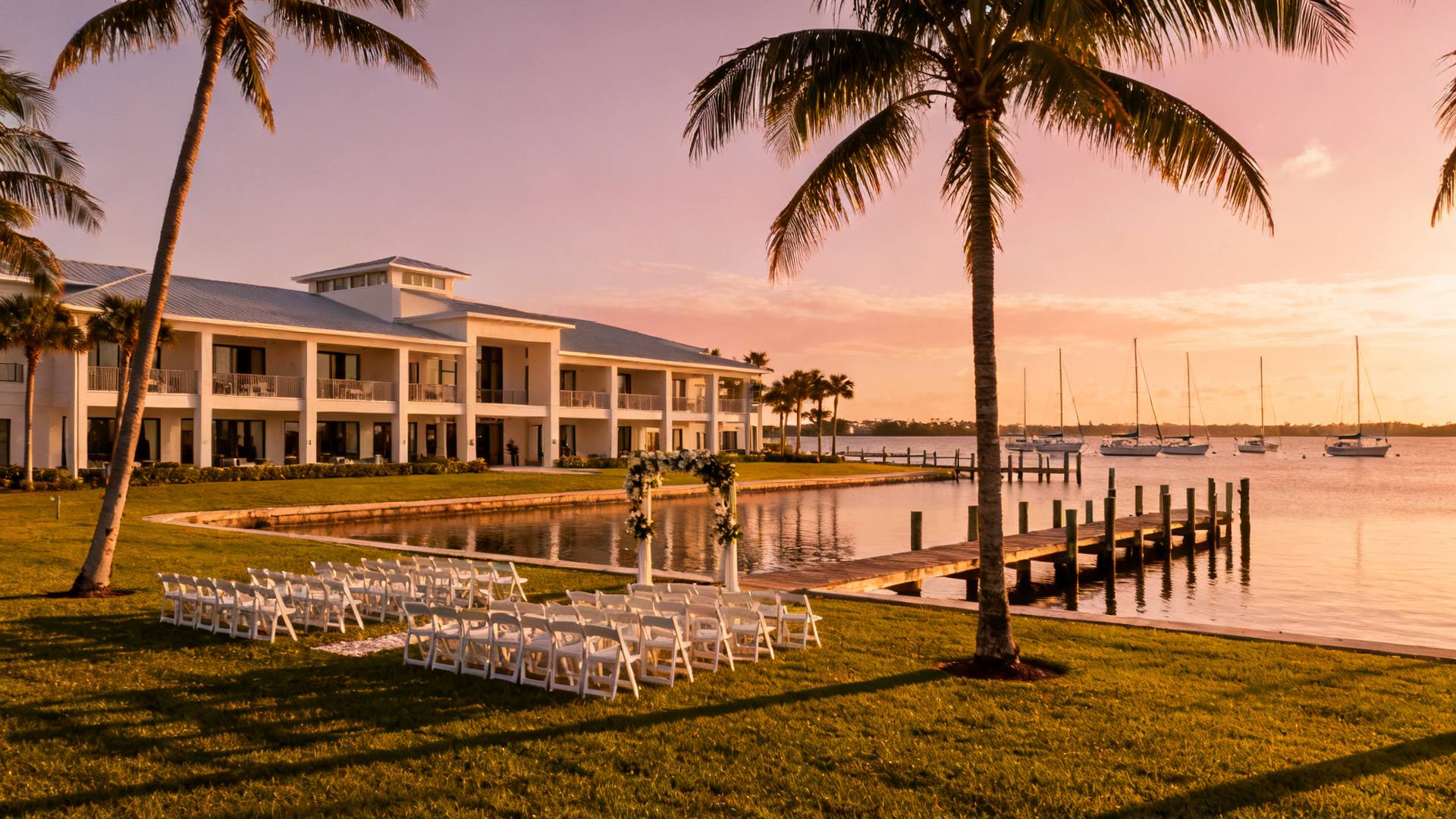 Waterfront resort at golden hour on Little Sarasota Bay, palms framing the marina