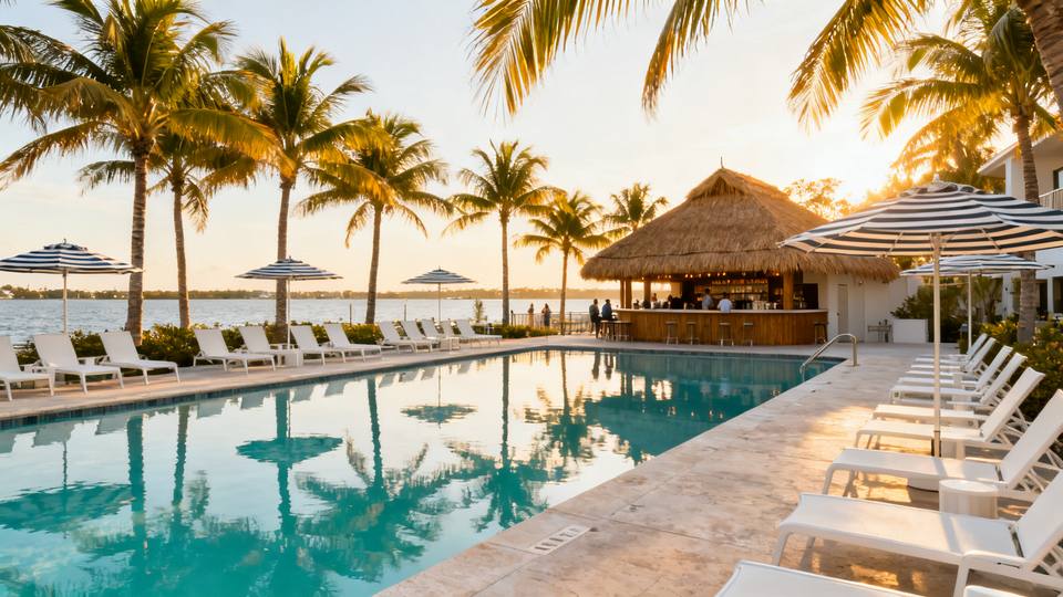Tropical resort poolside at golden hour with palm trees and lounge chairs near the water