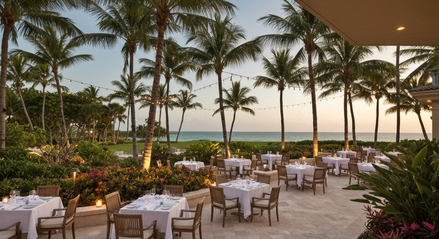 Outdoor dining at Naples Grande Beach Resort with tropical landscaping
