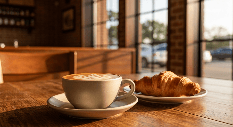 Latte art in a ceramic cup at a cozy Punta Gorda coffee shop
