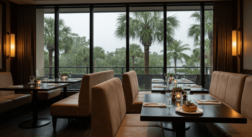 Upscale restaurant interior in Estero Florida with warm lighting