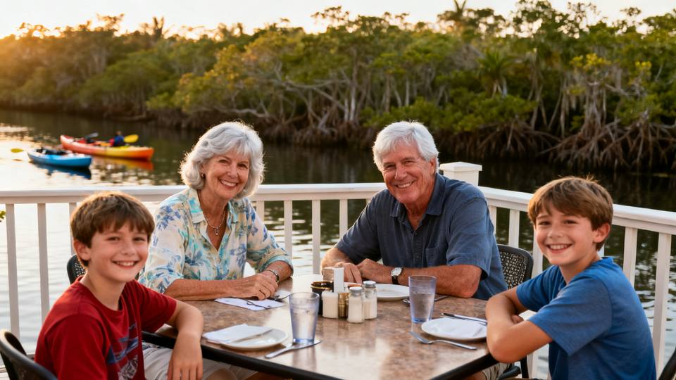 Family dining at a casual outdoor patio restaurant in Southwest Florida