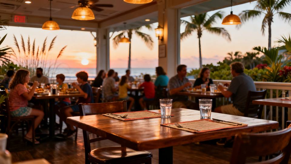 Casual outdoor restaurant near Southwest Florida beach with palm trees and tropical landscaping