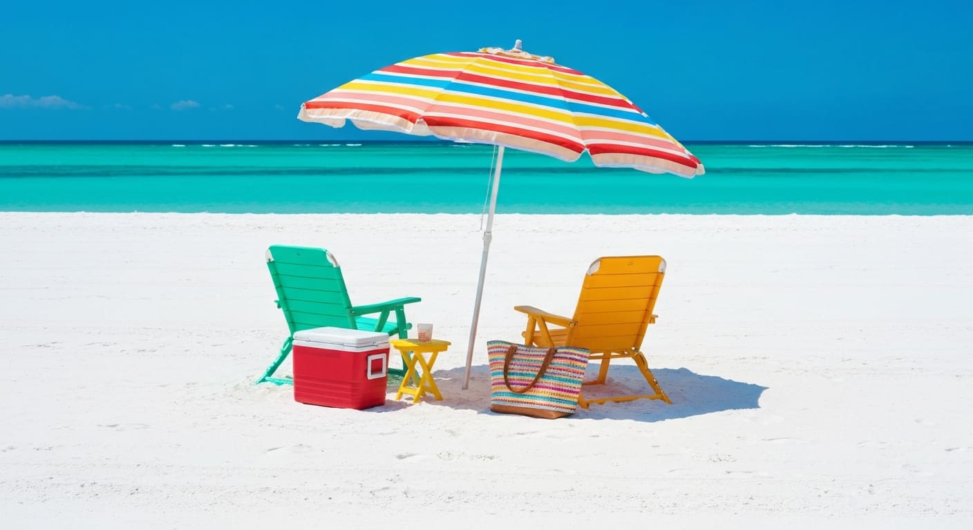 Beach chairs and umbrella setup on Florida Gulf beach