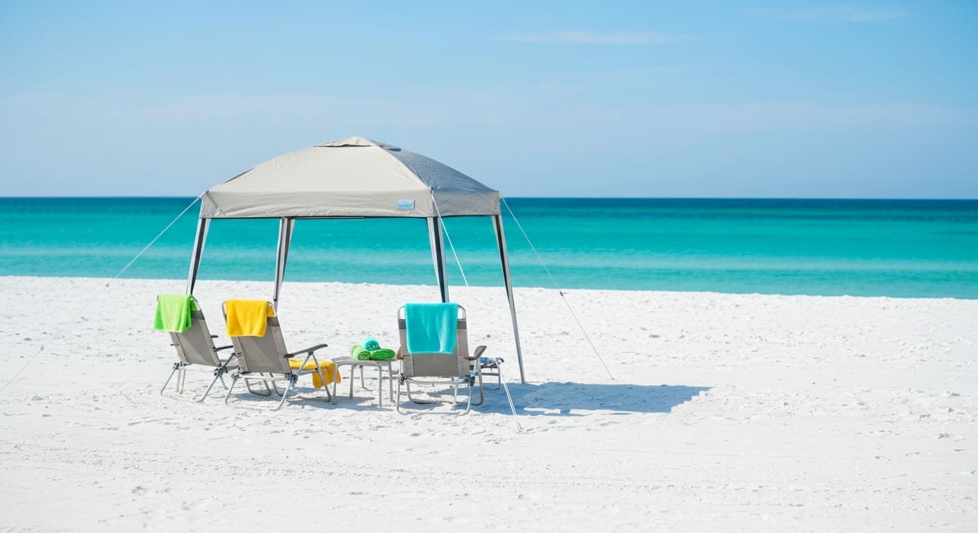 Beach tent and shade setup on sandy Florida shore