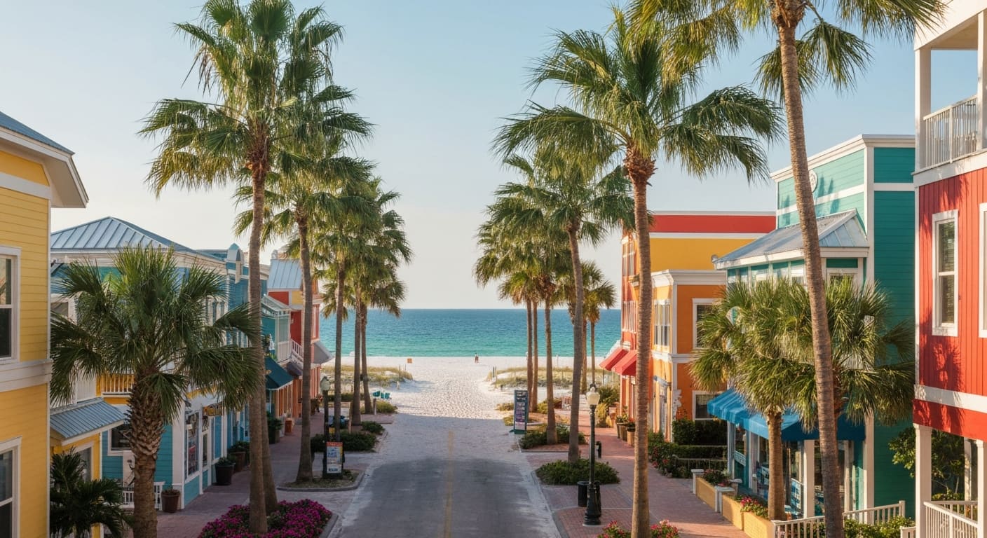 Quaint Florida beach town with colorful buildings