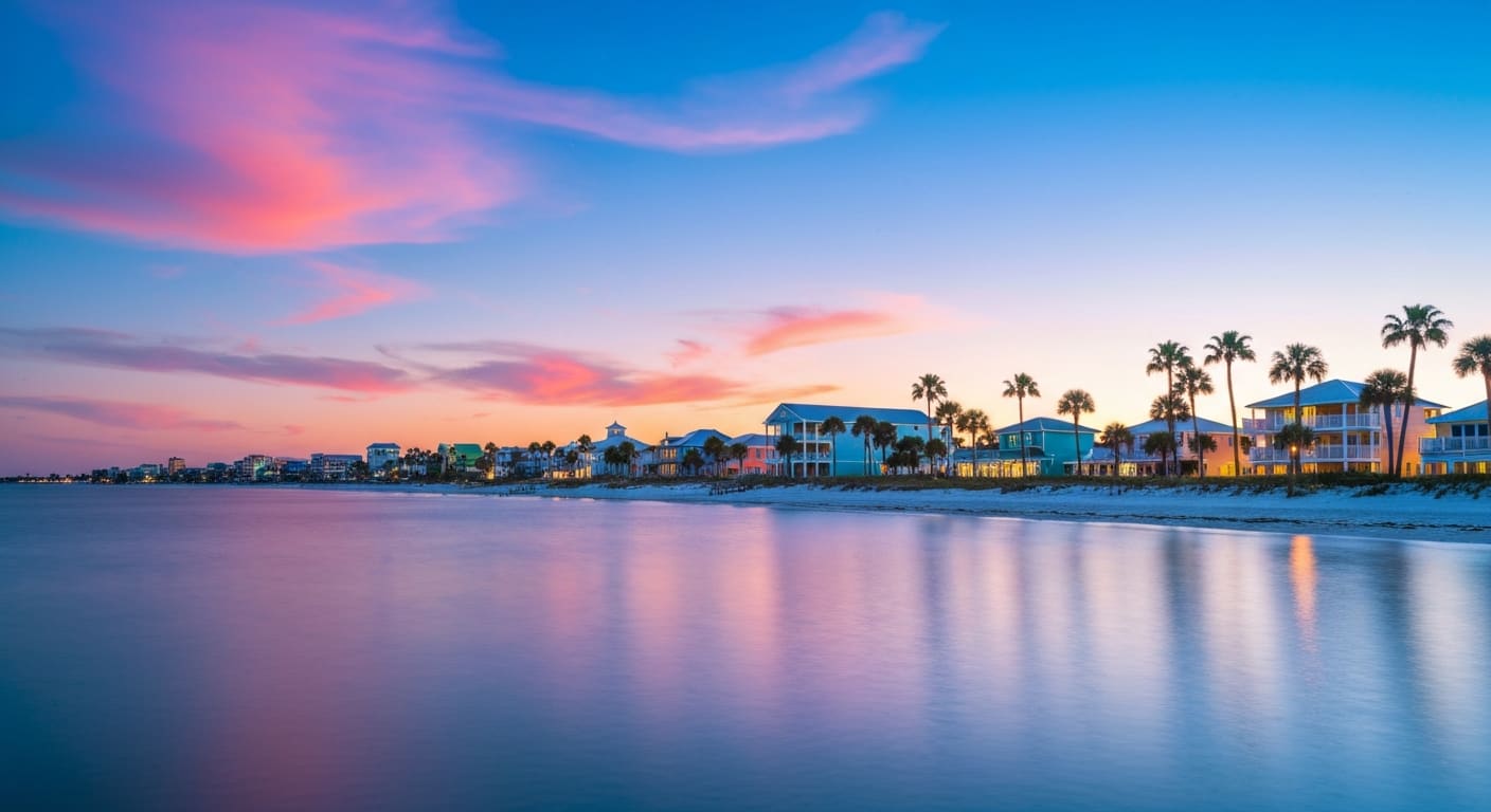 Southwest Florida Gulf beach town at blue hour with coastal buildings
