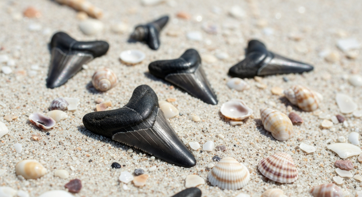 Fossilized shark teeth and shells found on Manasota Key beach in Englewood Florida