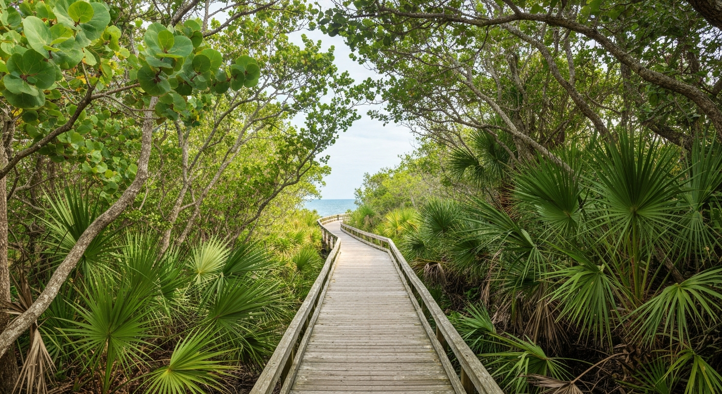 Stump Pass Beach State Park boardwalk trail through coastal scrub in Englewood Florida