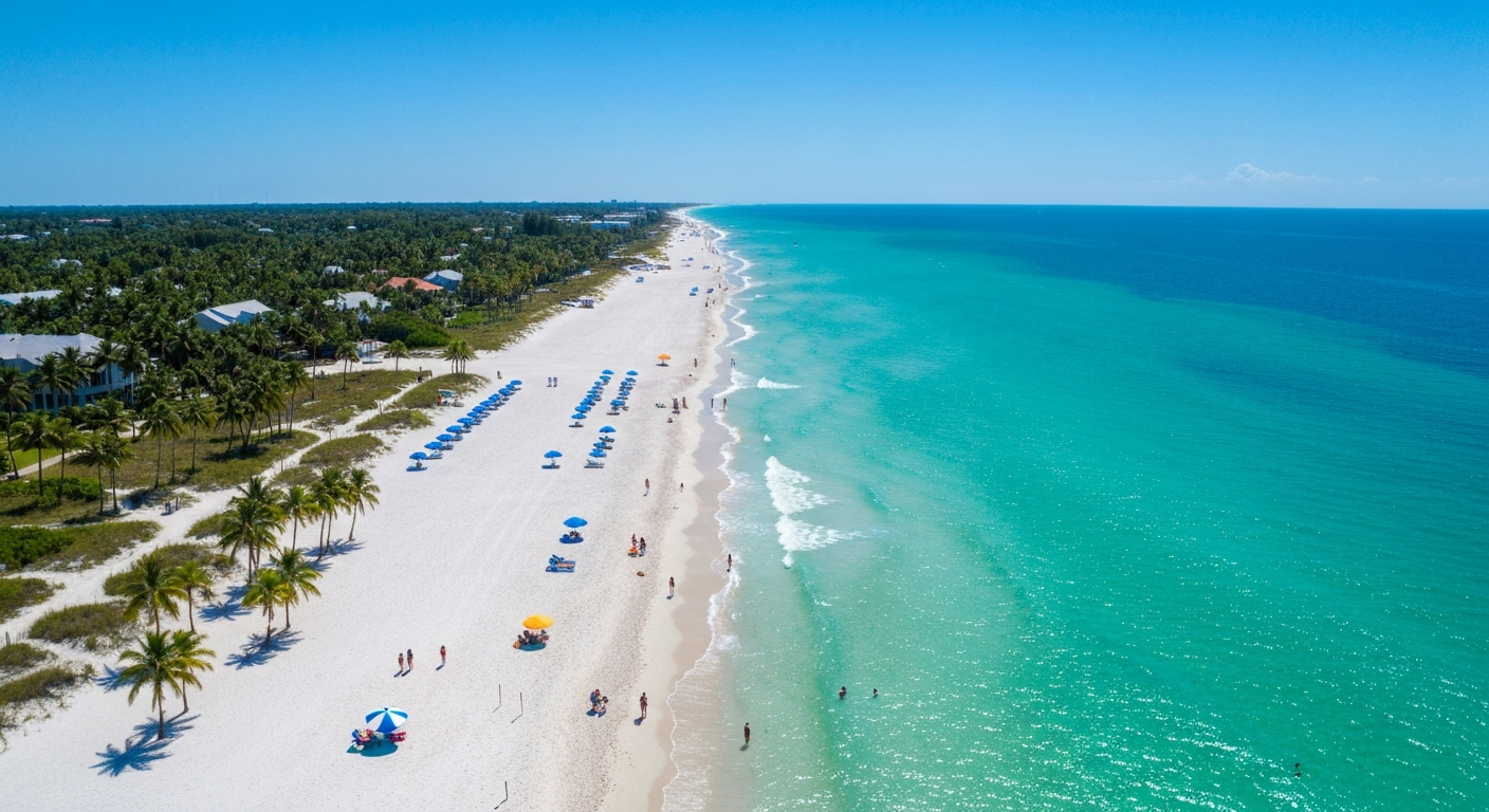 Aerial view of Siesta Beach showing the wide white sand beach and turquoise Gulf waters at Siesta Key Florida