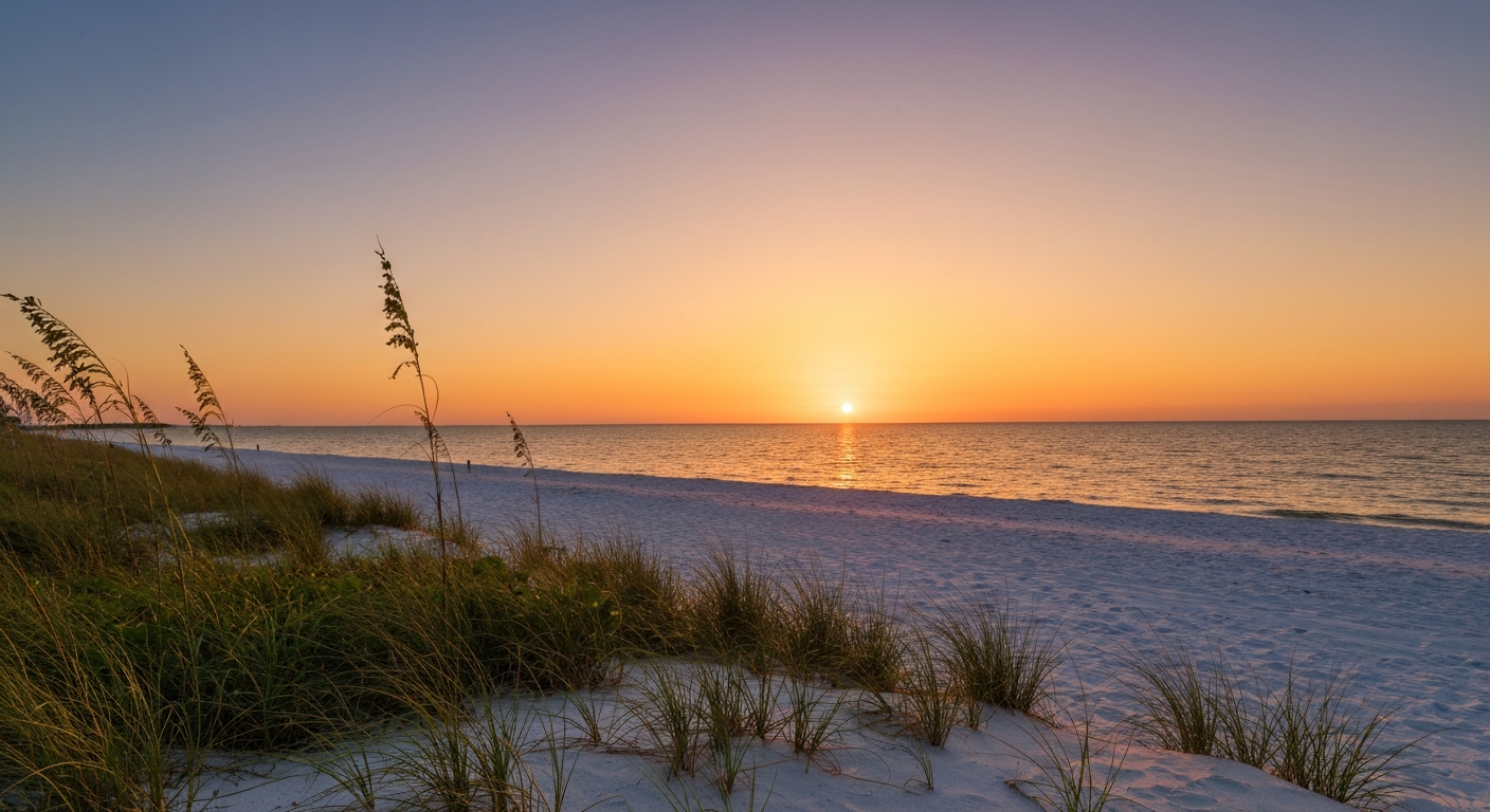 Sunset over the Gulf of Mexico from Siesta Key Beach with silhouettes of beachgoers and palm trees