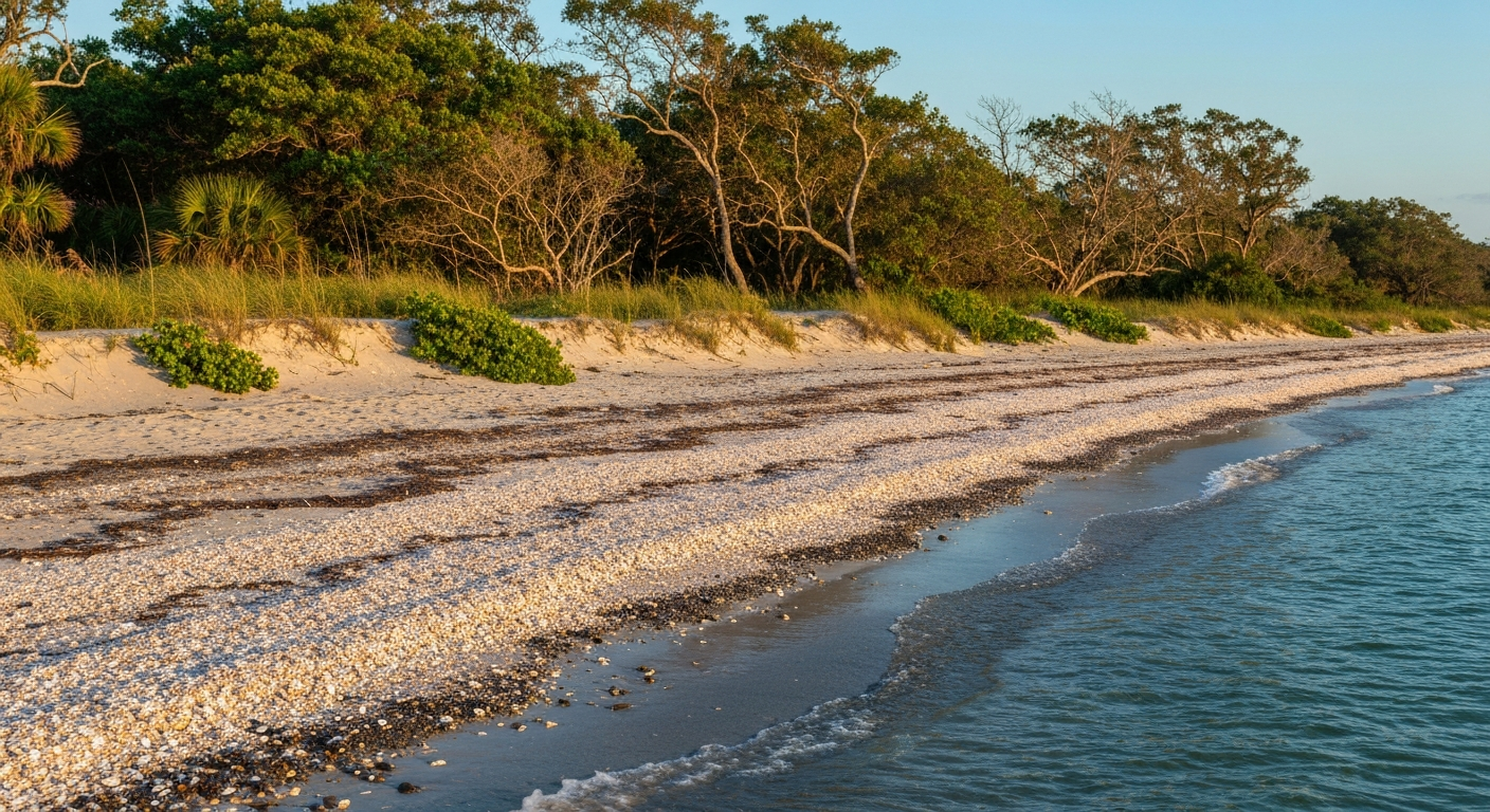 Natural undeveloped shoreline at Caspersen Beach Venice Florida with shells and dark fossil-rich sand along the waterline