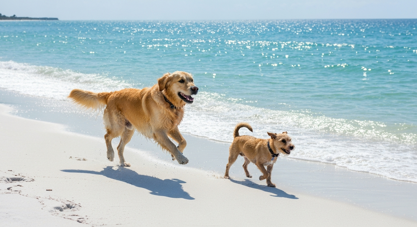 Dogs playing on the sandy Gulf shoreline at Brohard Paw Park dog beach in Venice Florida
