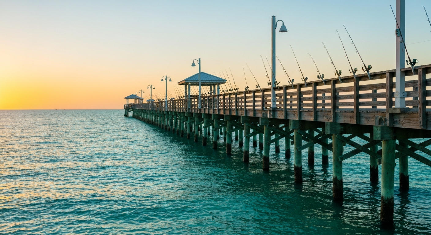 Anglers fishing from the historic Naples Pier at sunrise with pelicans and clear Gulf waters