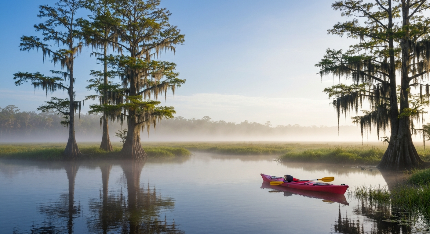 Kayaker on the calm Myakka River surrounded by cypress trees and Spanish moss in Sarasota County
