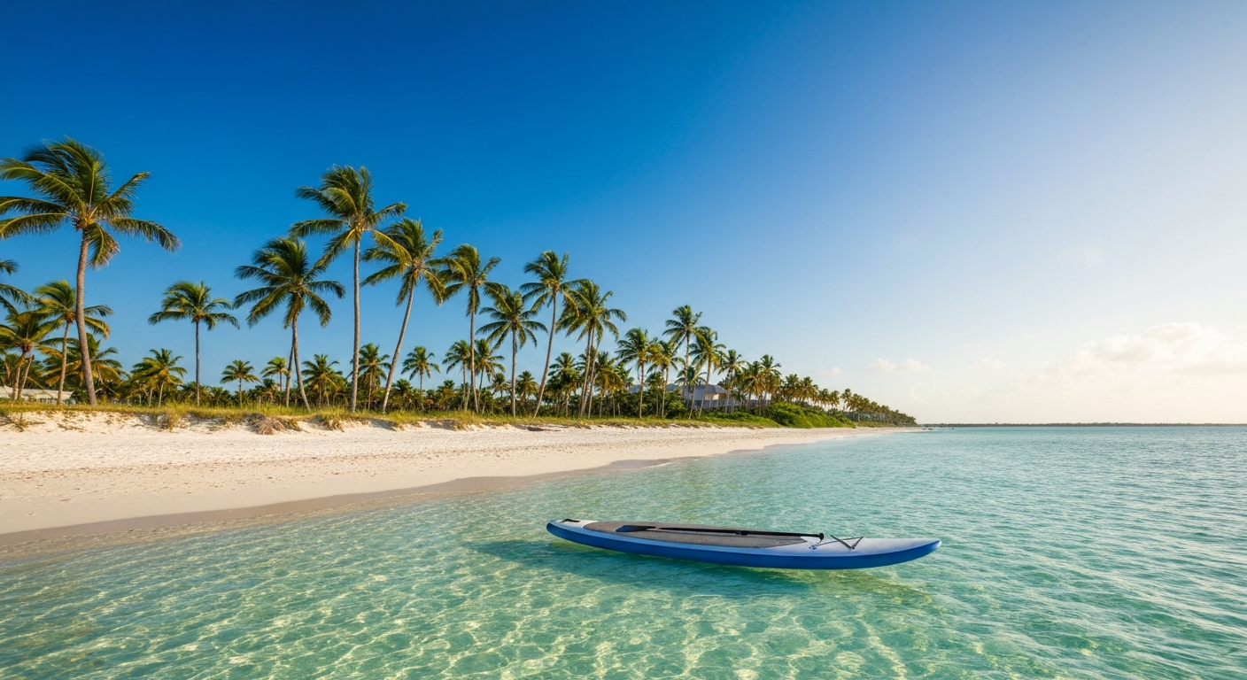 Paddleboarder on calm turquoise water near Siesta Key with a Sarasota skyline view in the background
