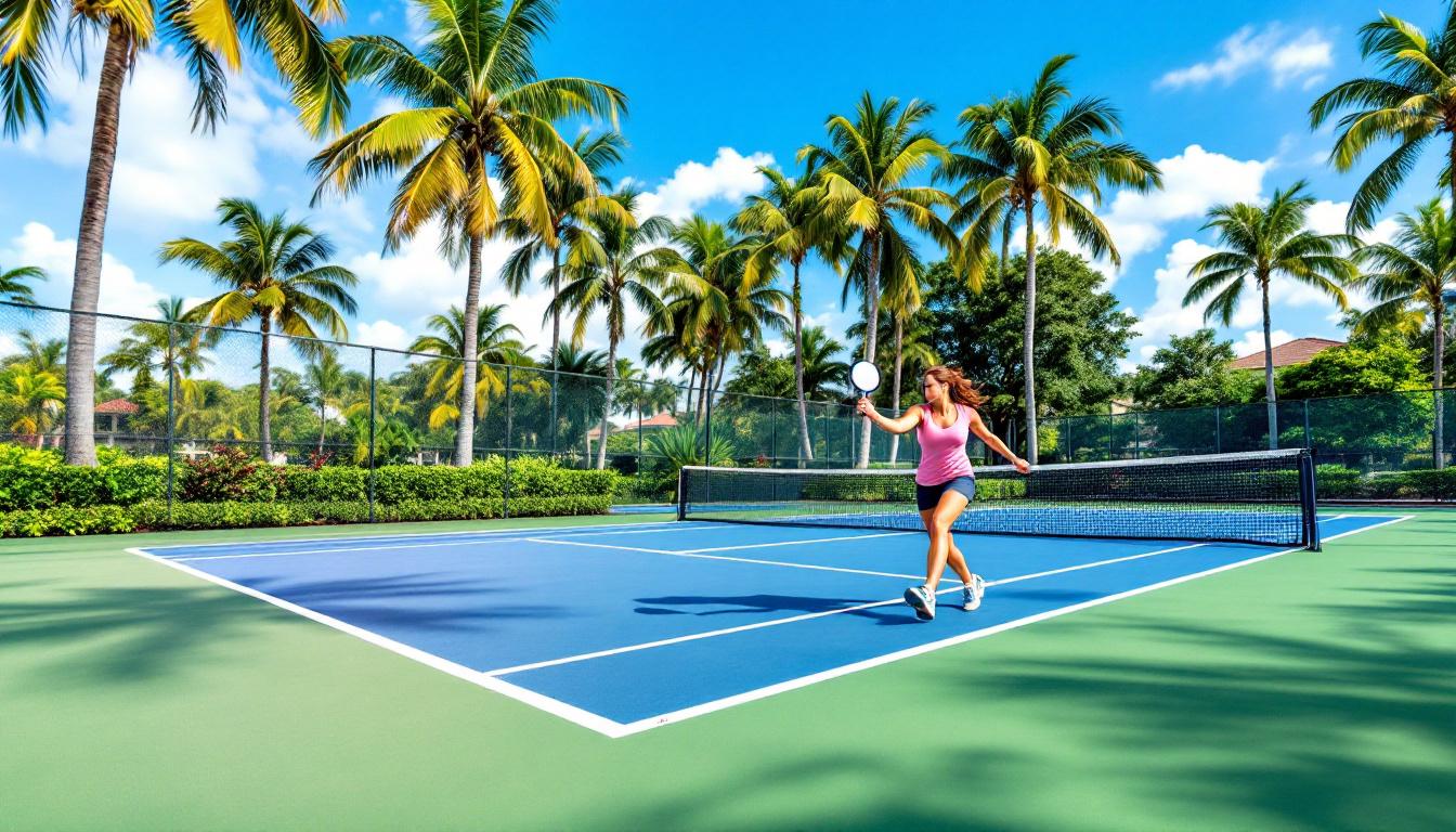 Gated community pickleball court with landscaping