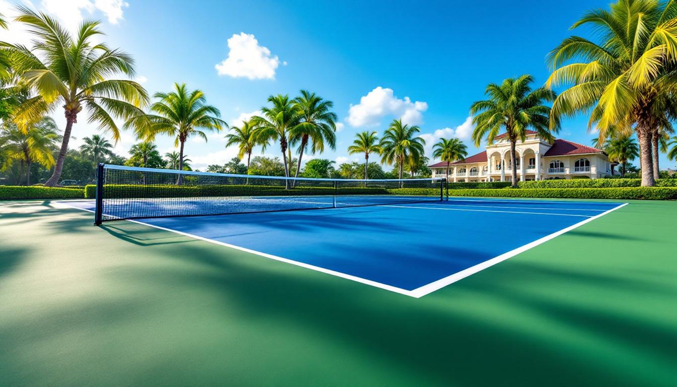 Country club pickleball courts with tropical landscaping