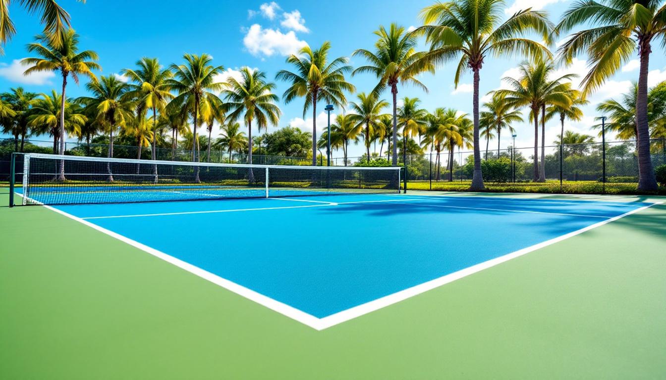 Outdoor pickleball courts in Bonita Springs Florida surrounded by palm trees