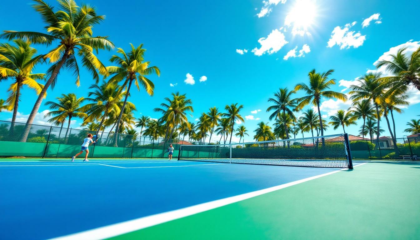 Cape Coral pickleball court with players and palm trees