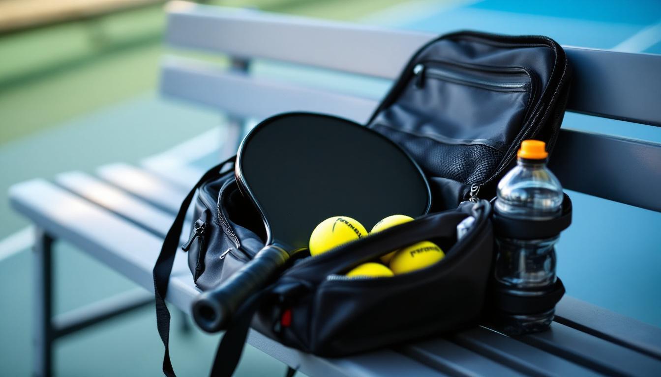 Pickleball gear bag with paddle, balls, and water bottle