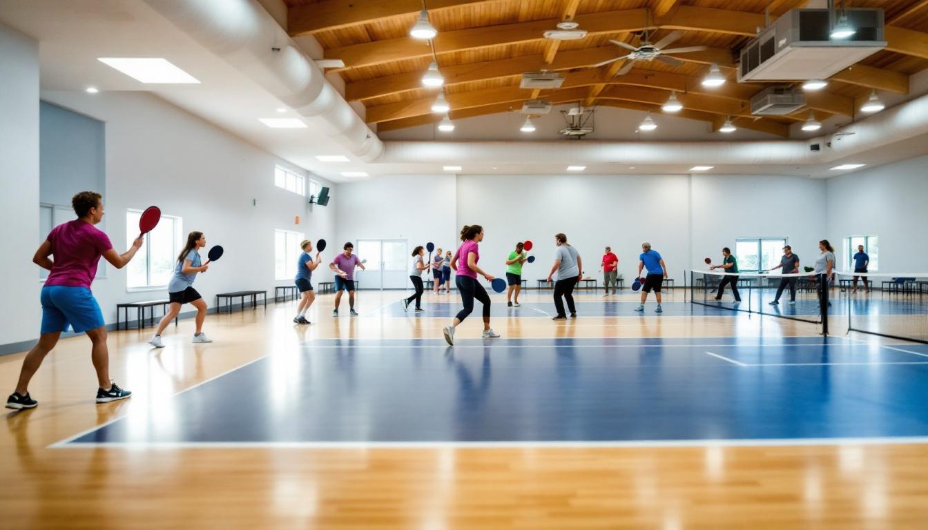 Indoor pickleball session at a community recreation center