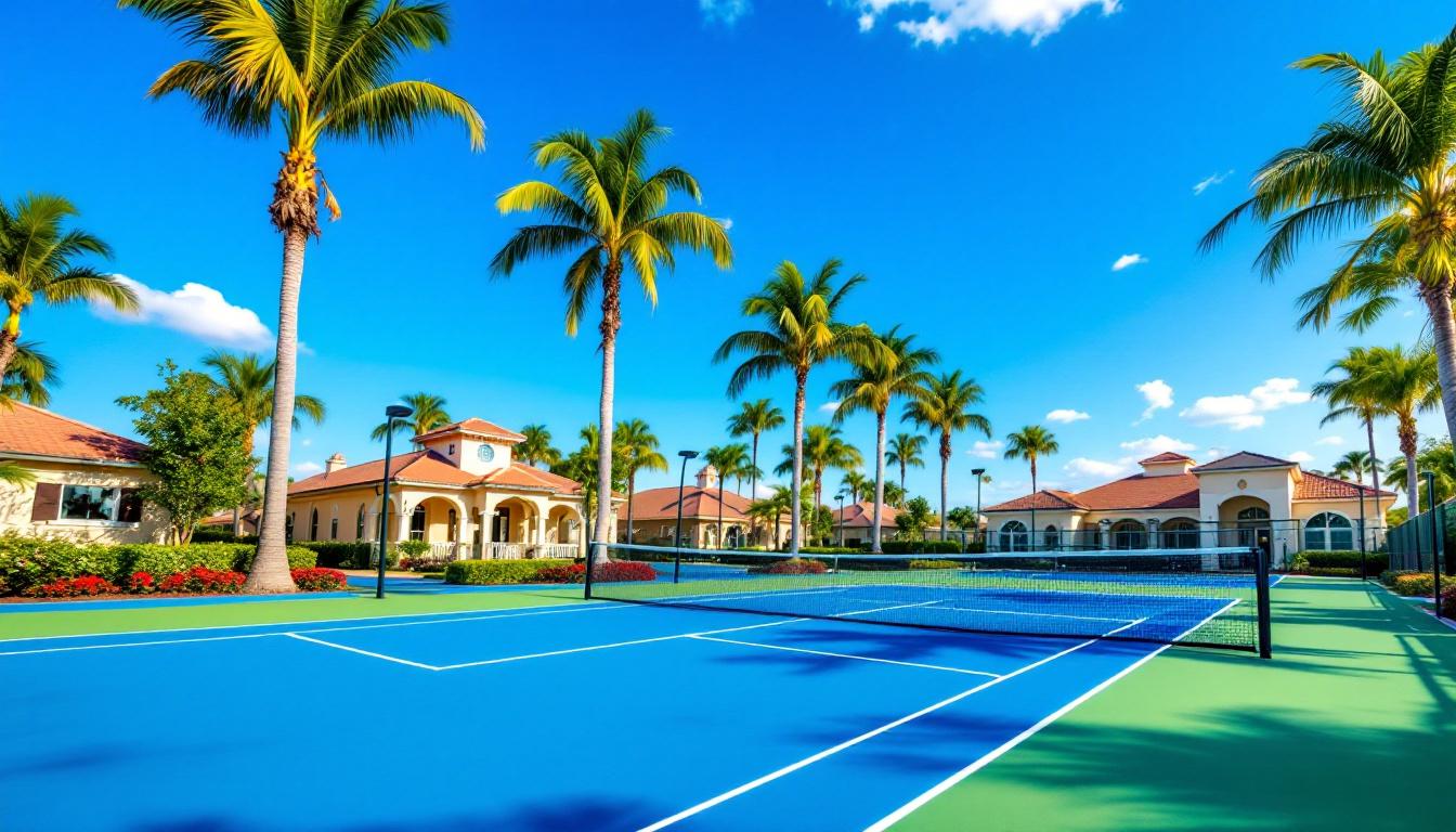 Grandezza community pickleball court with palm trees