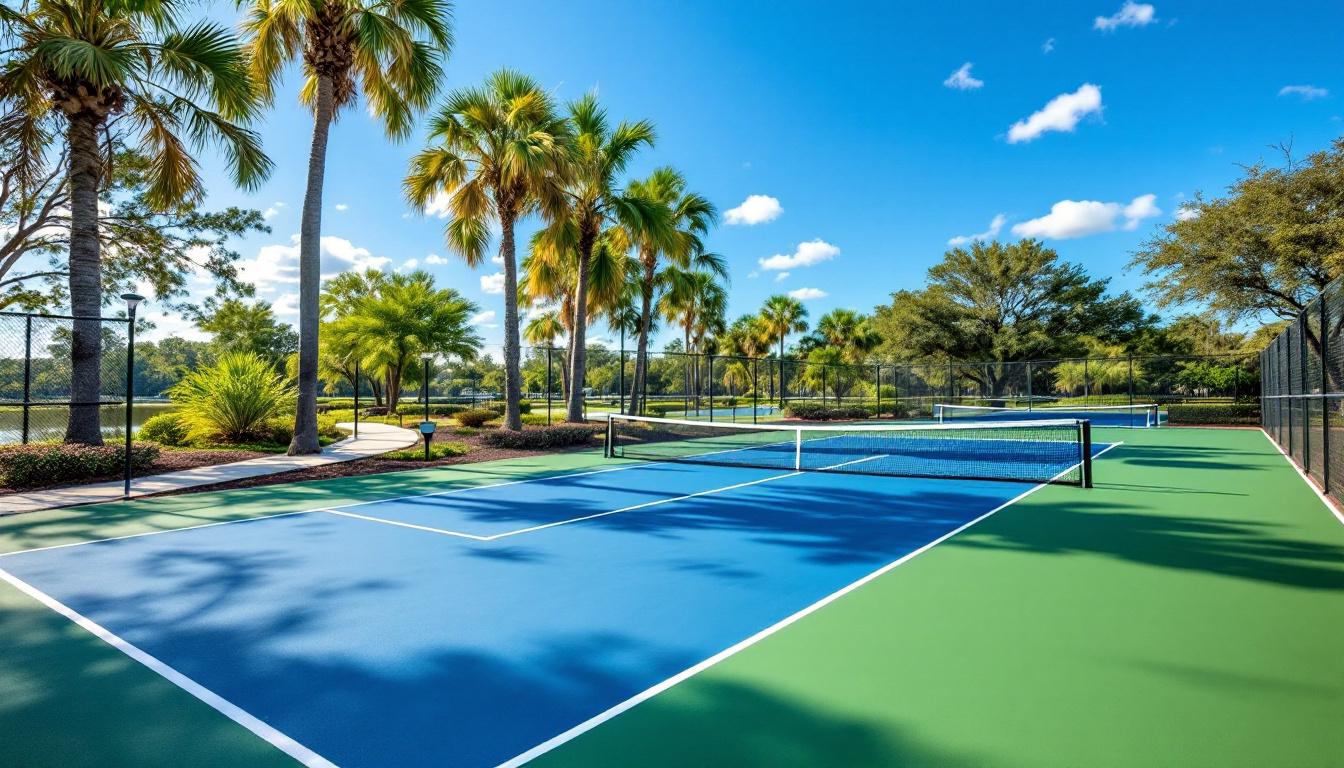 Lakes Regional Park pickleball court with trees and landscaping