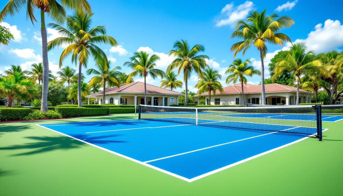 Country club pickleball courts with landscaped grounds