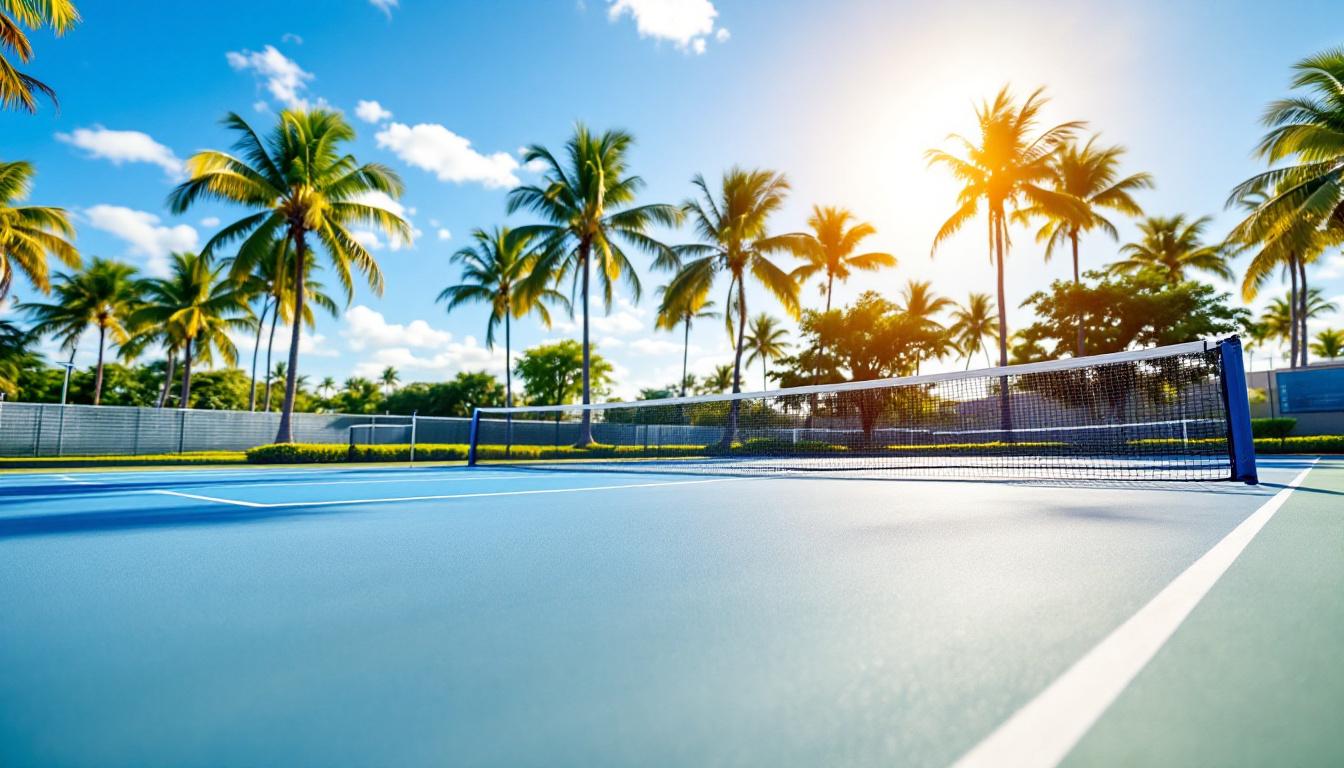 Outdoor pickleball courts in Fort Myers Florida with palm trees and sunshine