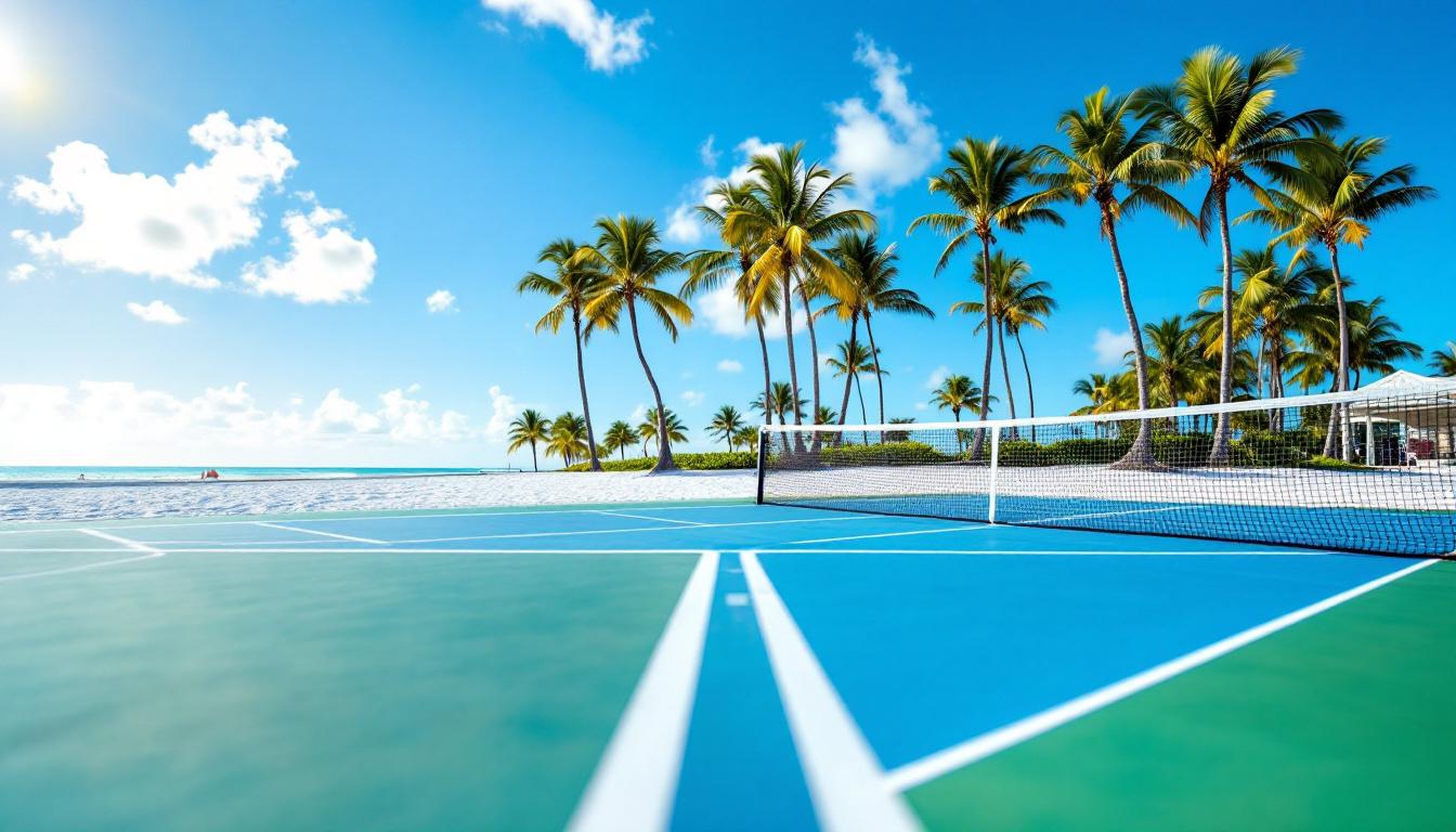 Marco Island beach with pickleball courts visible in the distance