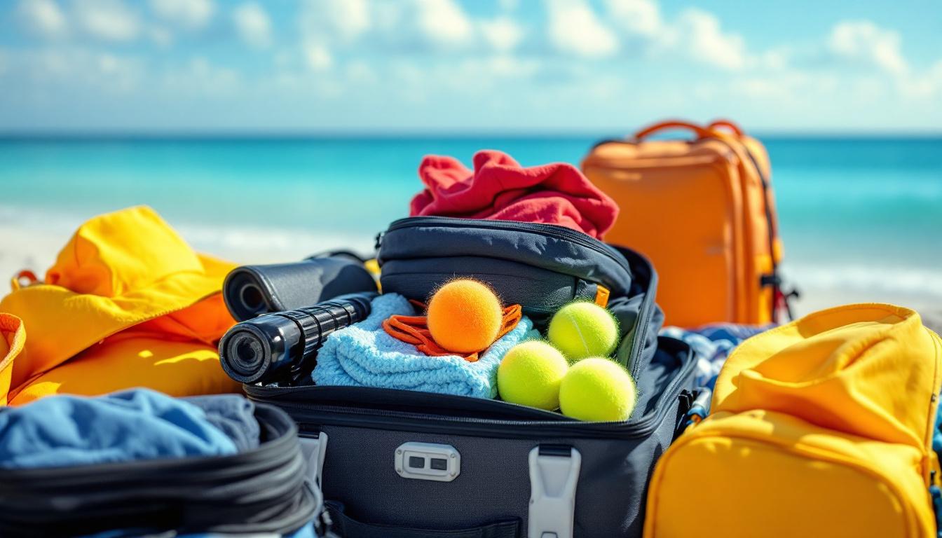 Packed luggage with pickleball gear and beach gear