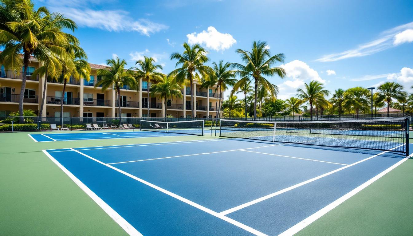 Marco Island condominium pickleball courts next to a pool