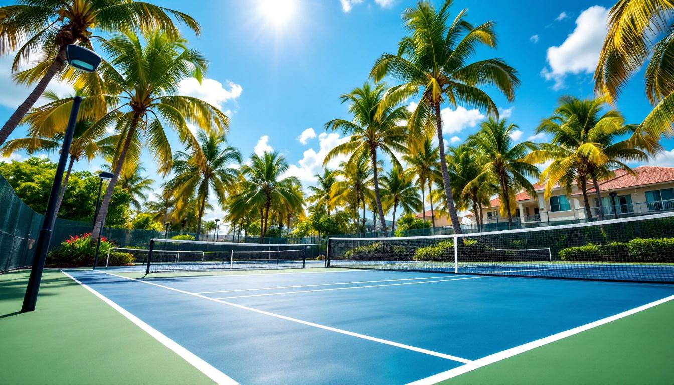 Outdoor pickleball courts on Marco Island Florida with palm trees and blue sky
