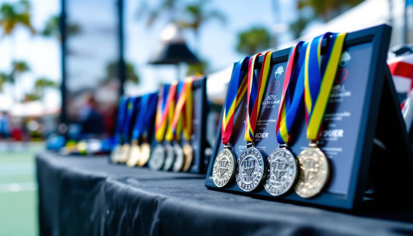 Tournament awards display at an outdoor pickleball event