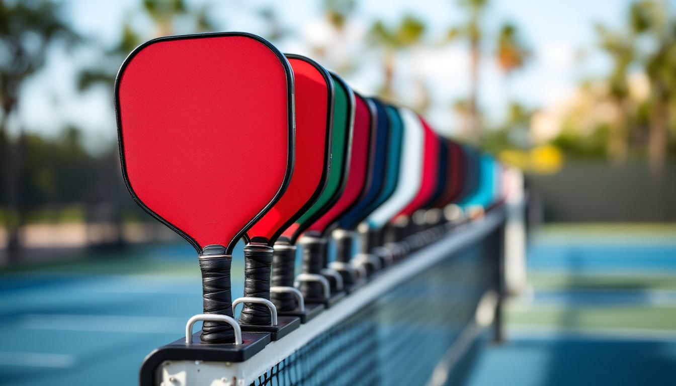 Paddle rack with pickleball paddles queued for next game