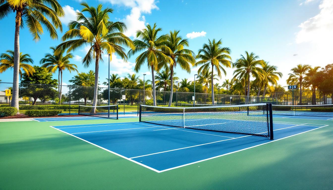 View of multiple pickleball courts at a large outdoor park in Naples