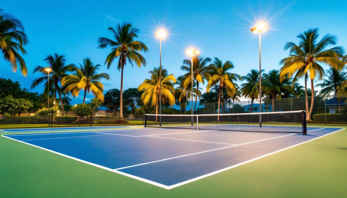 Pickleball court under lights in the evening