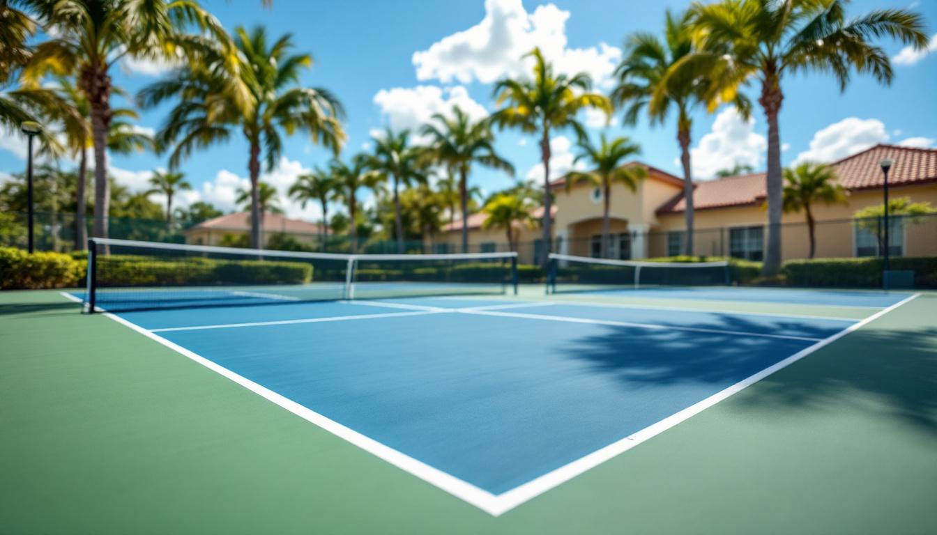 Private community pickleball courts with tropical landscaping
