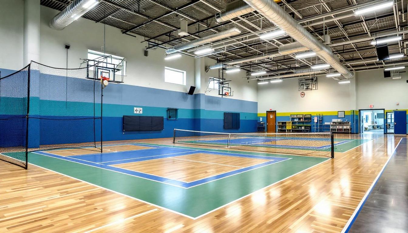 Indoor pickleball court with bright overhead lights and wooden-look flooring