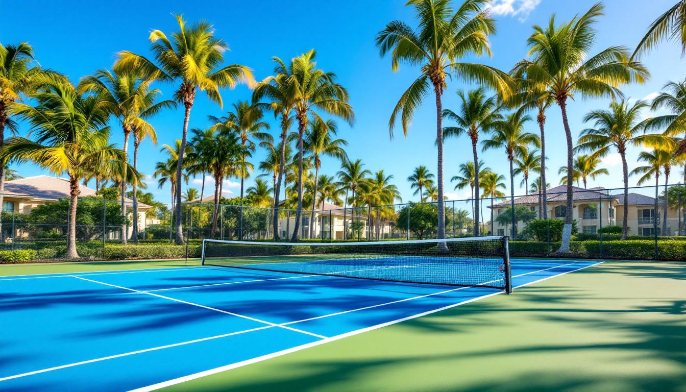 Resort-style pickleball courts surrounded by palm trees