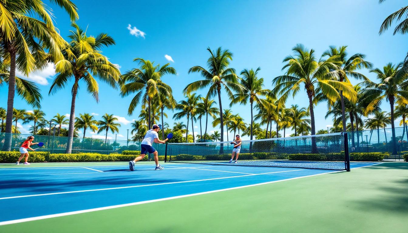 Pickleball players at a community court framed by palms