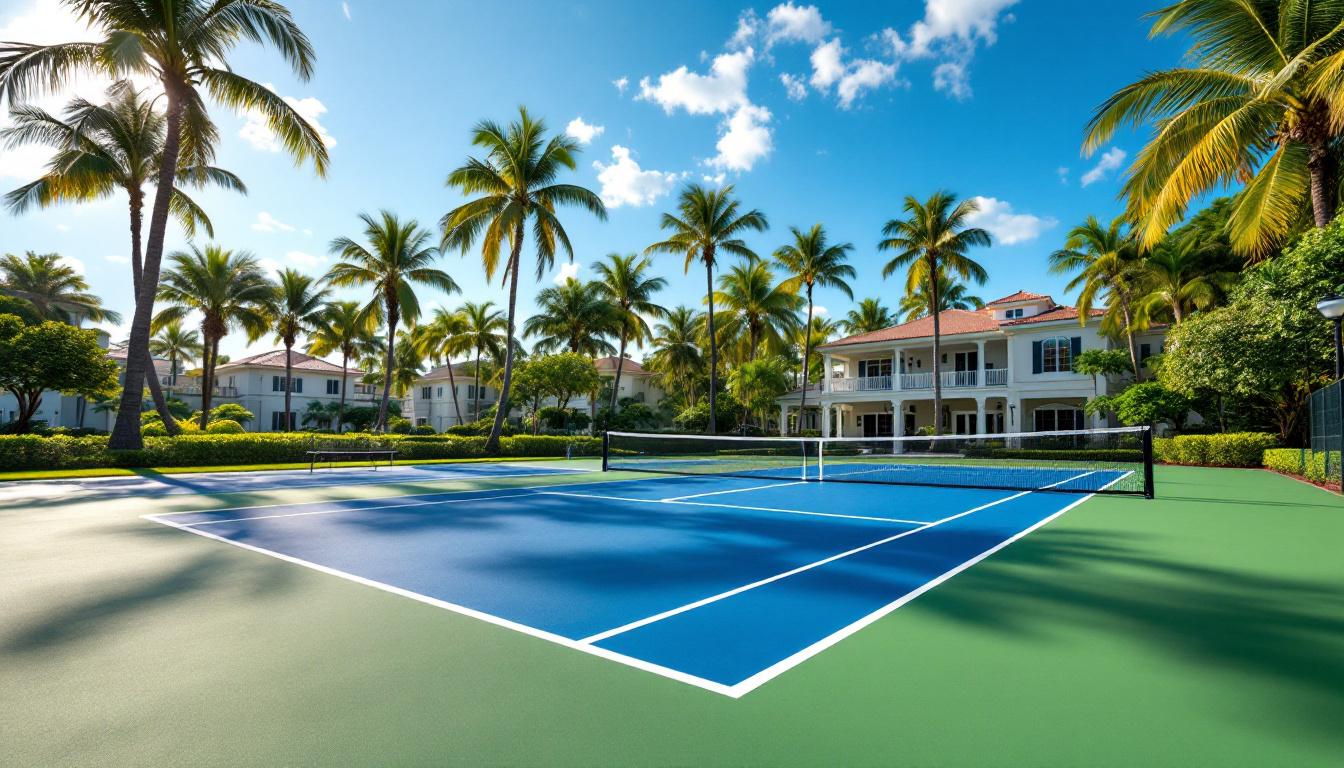 Resort-style pickleball facility with well-manicured grounds