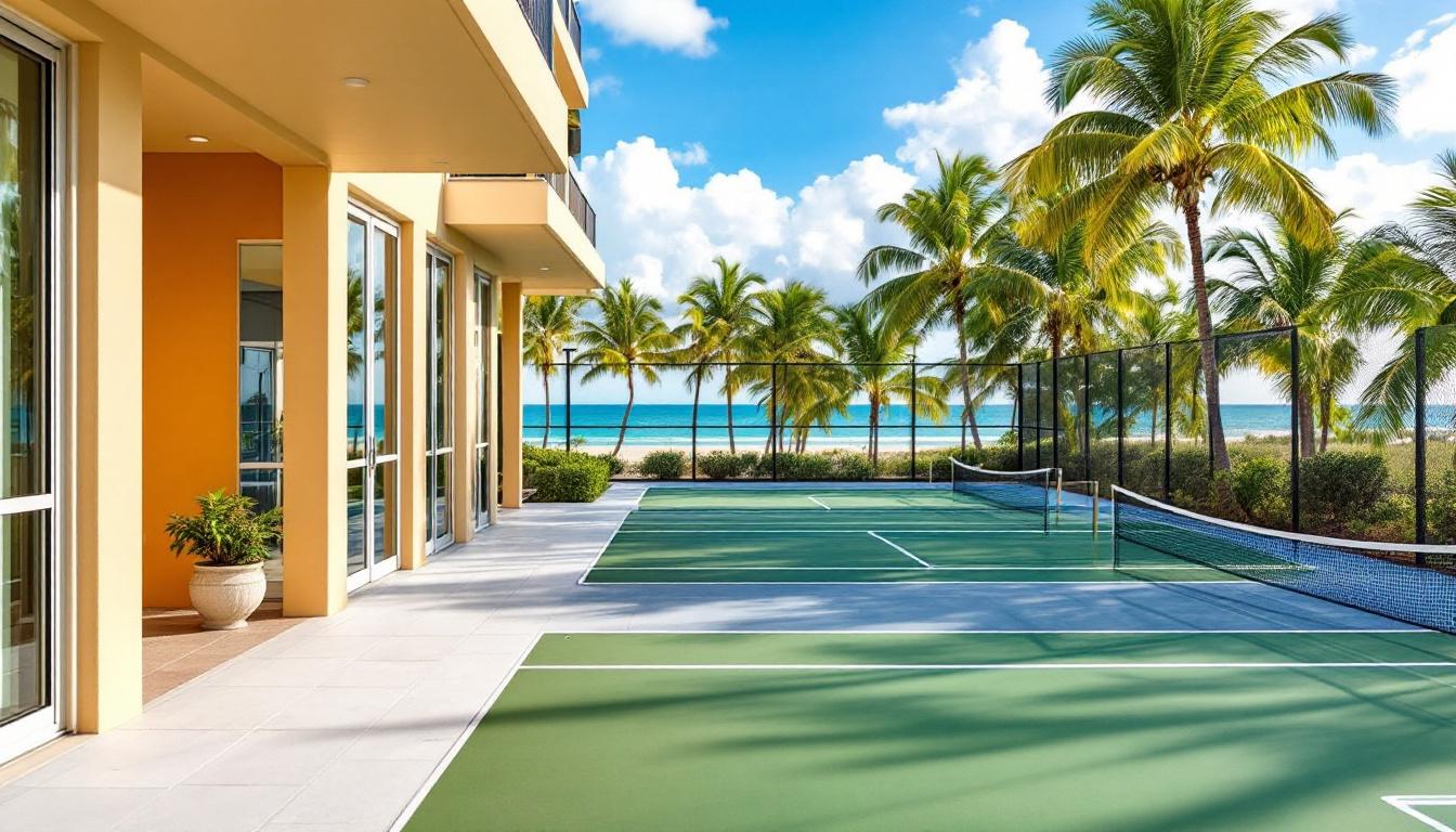 Sarasota hotel with courts and beach in the background