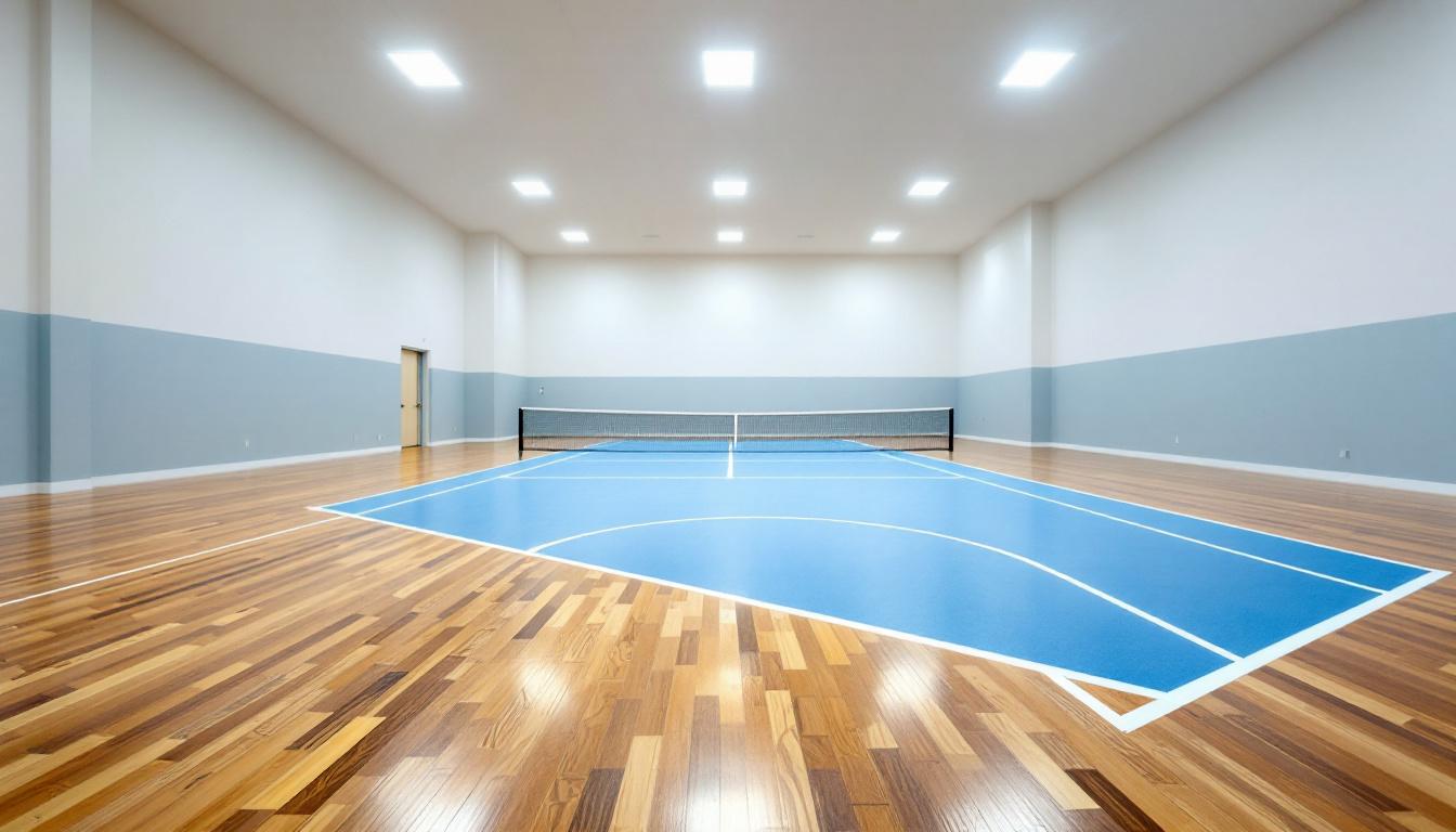 Indoor pickleball court with wooden-look flooring and overhead lights