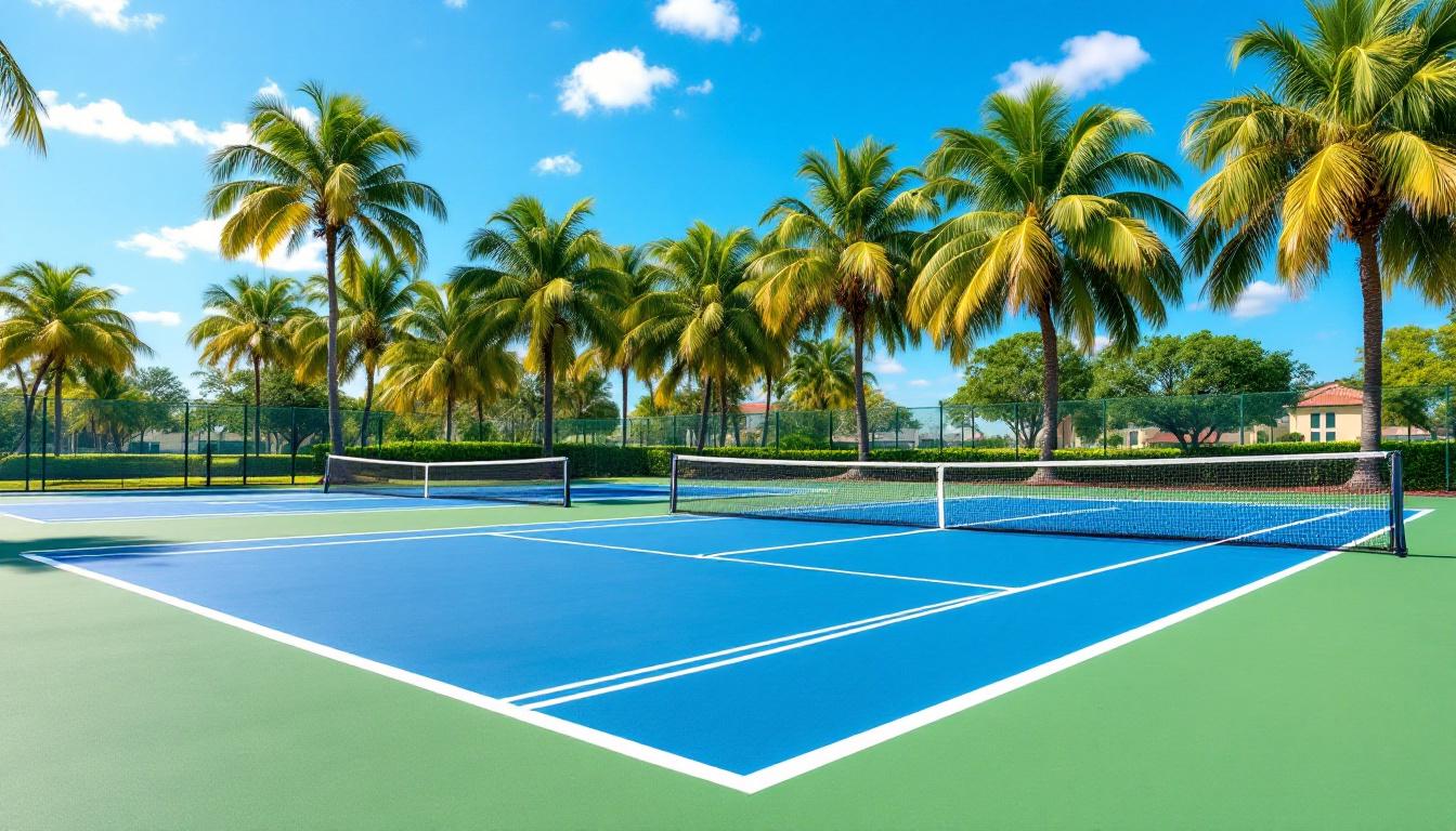 Outdoor pickleball courts with blue surface and white lines at a Florida park